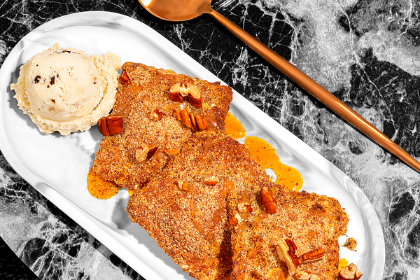 Air-Fried Cinnamon Sugar Butternut Squash Ravioli with Caramel Coconut Milk Ice Cream