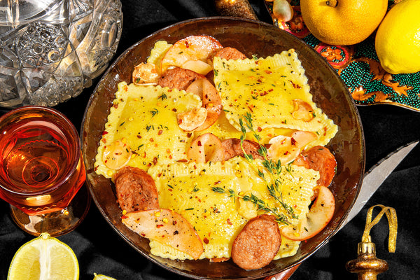 Butternut Squash Ravioli with Spicy Italian Turkey Sausage, Apple, Parsnip