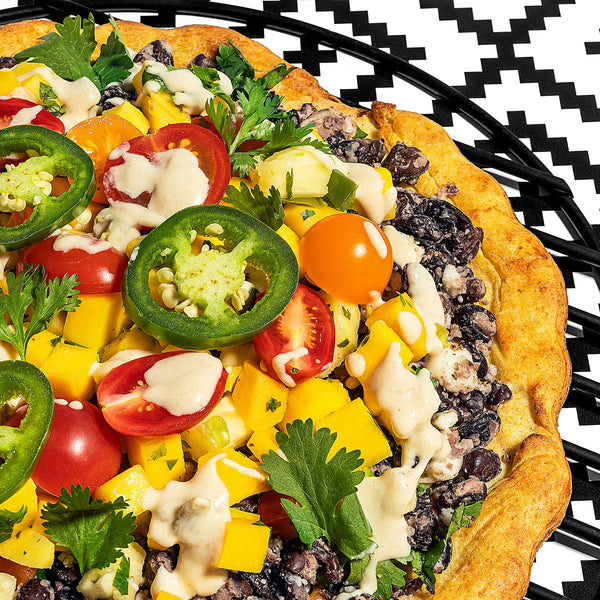 Crispy Black Bean Pizza with Fresh Mango Salsa & Cashew Queso (Dairy Free)