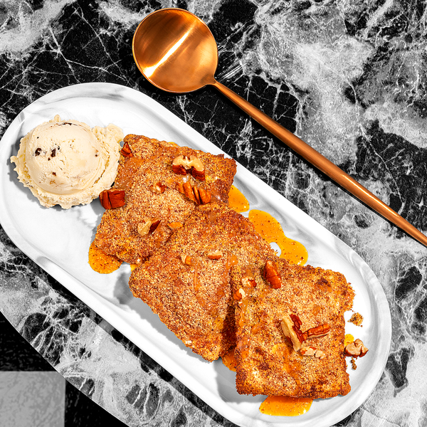 Air-Fried Cinnamon Sugar Butternut Squash Ravioli with Caramel Coconut Milk Ice Cream