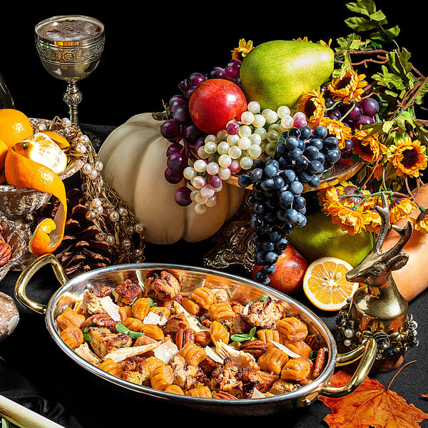 Thanksgiving Sweet Potato Gnocchi with Turkey and Stuffing Croutons