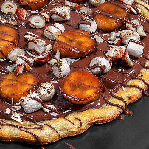 Chocolate Hazelnut Pizza with Toasted Marshmallows and Orange-Glazed Bananas (Dairy-Free)