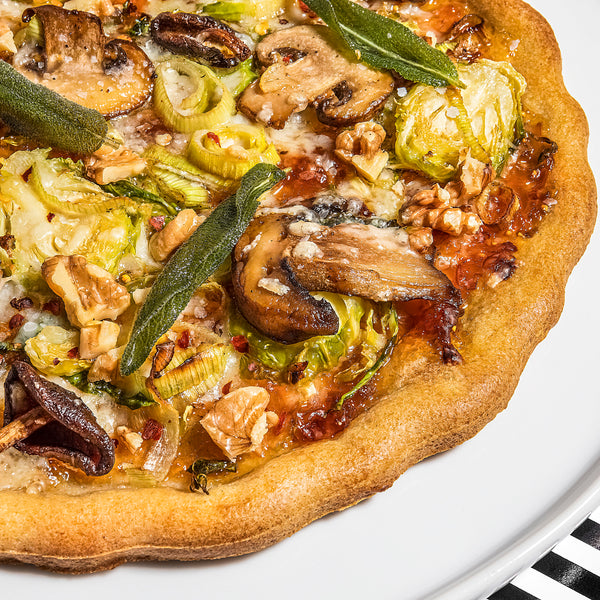 Mushroom, Leek and Brussels Sprouts Pizza (Plant Paradox friendly)