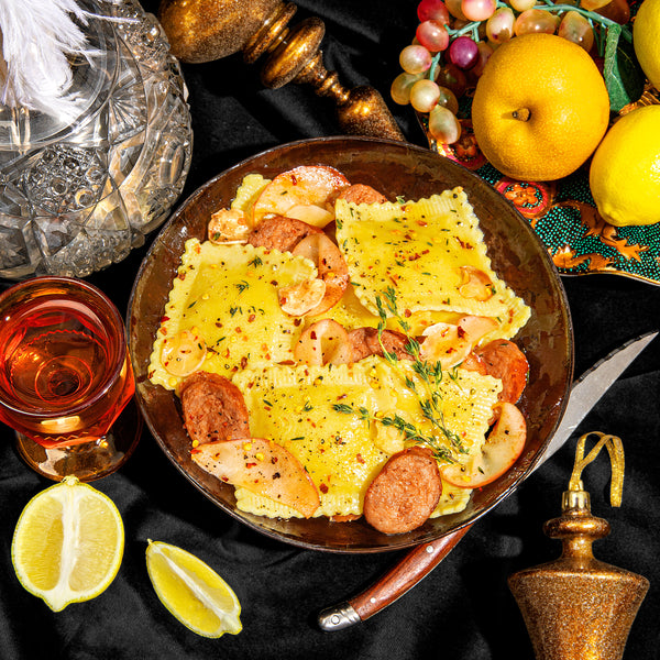 Butternut Squash Ravioli with Spicy Italian Turkey Sausage, Apple, Parsnip