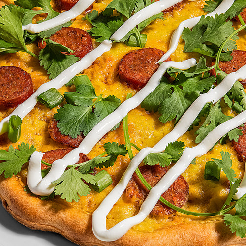 Chorizo and Cilantro Pizza with Sweet Corn Puree