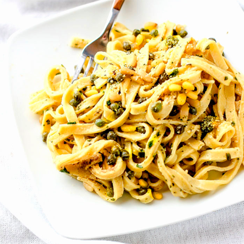 Healthy Fettuccine with Capers, Pine Nuts and Yogurt Sauce