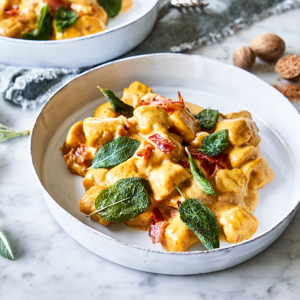 Sweet Potato Gnocchi with Pumpkin Sauce, Pancetta, & Fried Sage